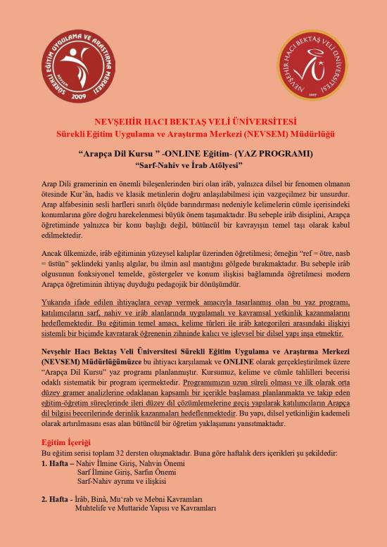 NEVSEM Arapça Dil Kursu -ONLINE Eğitim- (YAZ PROGRAMI)