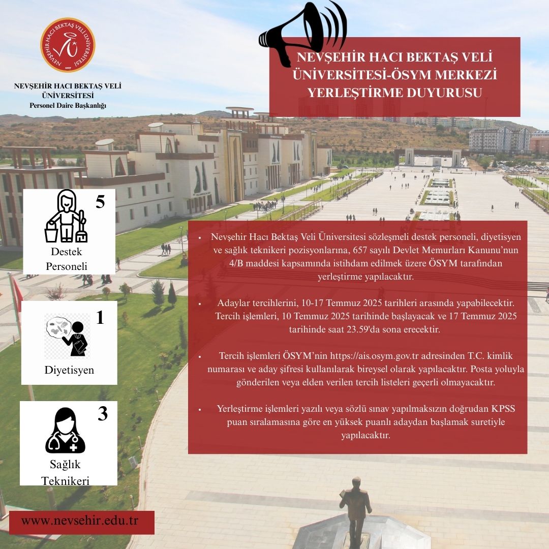 Nevşehir Hacı Bektaş Veli Üniversitesi-ÖSYM Merkezi Yerleştirme Duyurusu