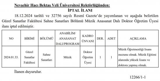 18.12.2024 Tarihli Öğretim Elemanı Alımı İptal Duyurusu