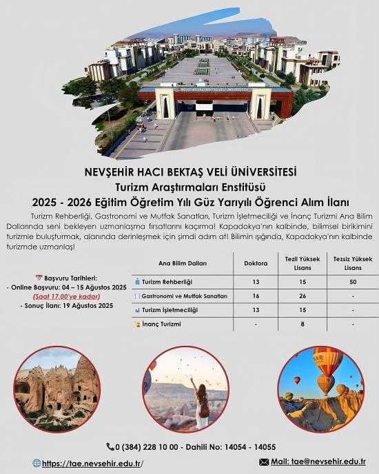Turizm Araştırmaları Enstitüsü 2025 - 2026 Eğitim - Öğretim Yılı Güz Yarıyılı Lisansüstü Öğrenci Alımı İlanı