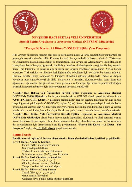 NEVSEM “Farsça Dil Kursu- A1 Düzey-” ONLINE Eğitim (Yaz Programı)