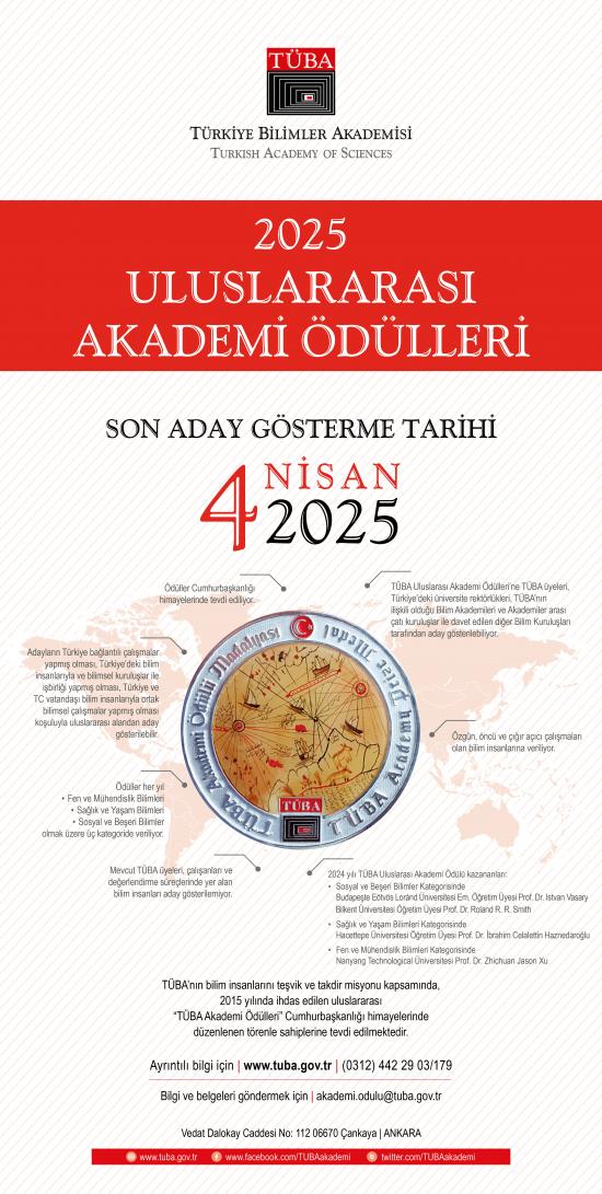 2025 Yılı TÜBA Uluslararası Akademi Ödülleri hk. 