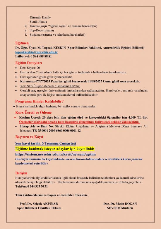 NEVSEM-Spor Bilimleri Fakültesi Yaz Spor Okulları
