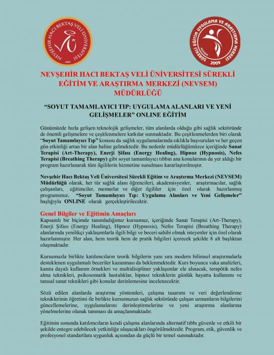 NEVSEM “Soyut Tamamlayıcı Tıp: Uygulama Alanları ve Yeni Gelişmeler” Online Eğitim