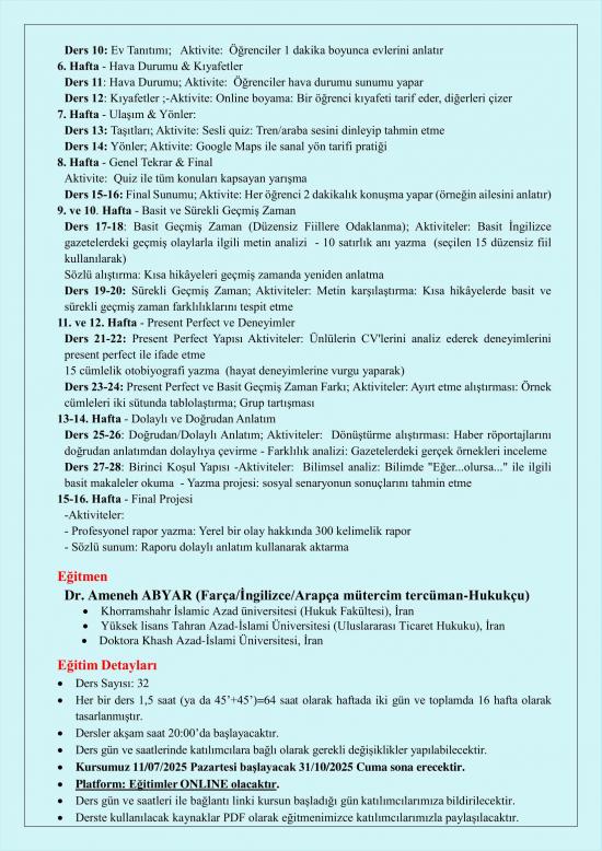NEVSEM “Pratik İngilizce Dil Kursu- A1 ve A2 Düzey” Online (Yaz Programı)