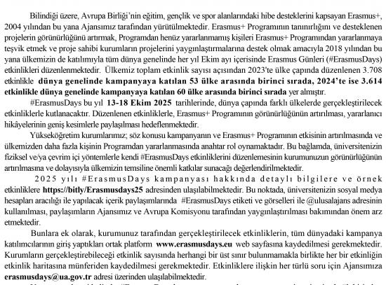 Türkiye Ulusal Ajansı İletişim Koordinatörlüğü’nden ”2025 #ErasmusDays” Duyurusu  