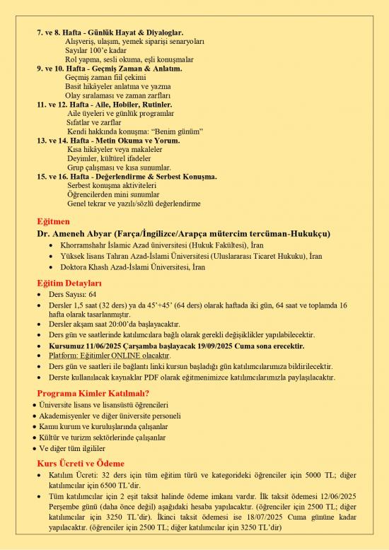 NEVSEM “Farsça Dil Kursu- A1 Düzey-” ONLINE Eğitim (Yaz Programı)