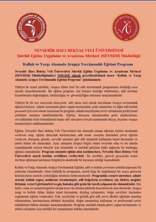 Kolluk ve Yargı Alanında Arapça Tercümanlık Eğitimi Programı