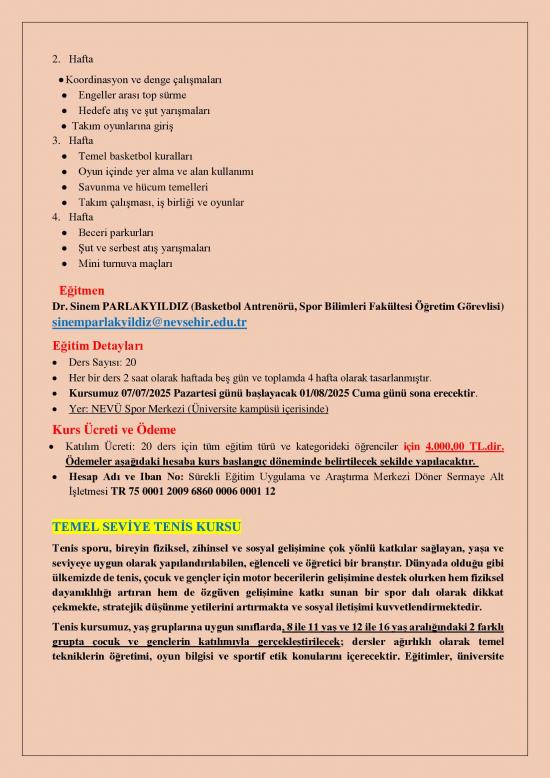 NEVSEM-Spor Bilimleri Fakültesi Yaz Spor Okulları