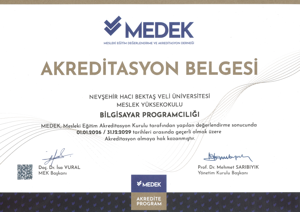 NEVÜ Myo Bilgisayar Progmracılığı Akrediyasyon Belgesi